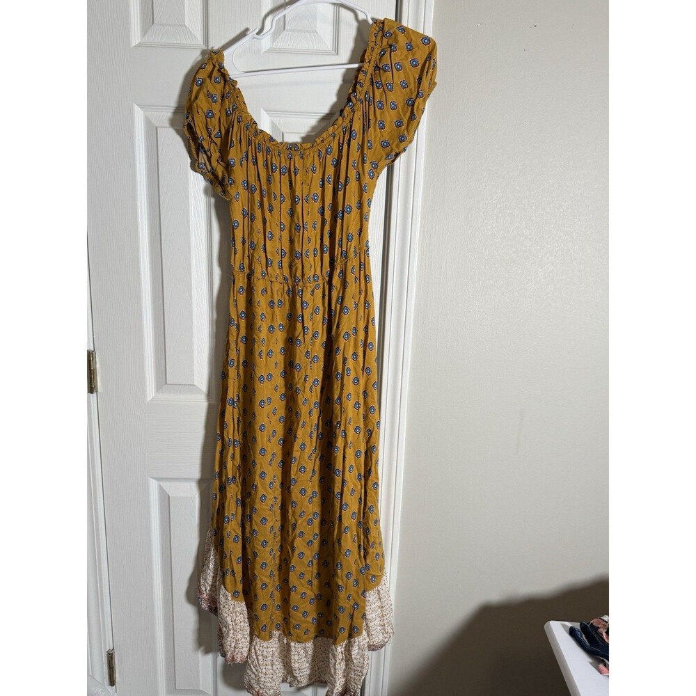 New Look Floral Puff Sleeve Midi Dress Blue Yellow White V-Neck Tie Waist XL - Picture 4 of 12